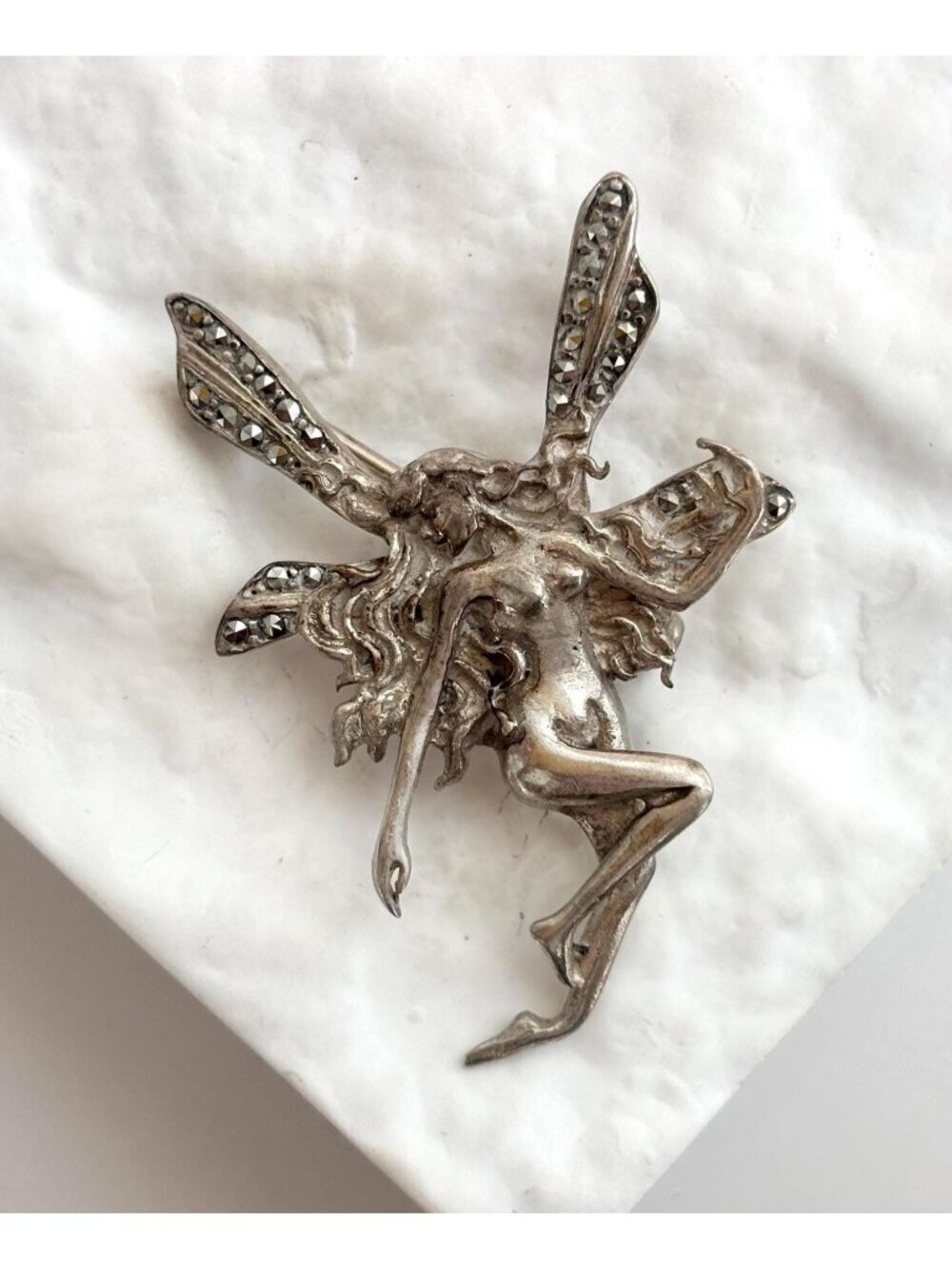 Fairy Nymph Art Nouveau Marcasite 925 Sterling Silver Vintage Brooch